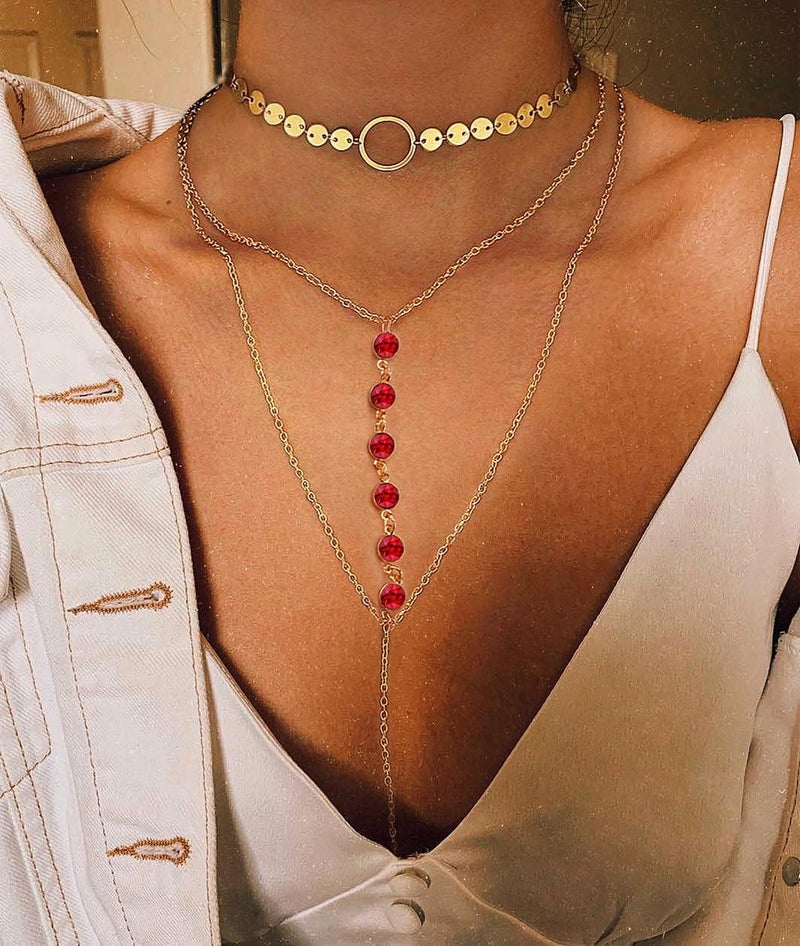 Suyi Stylish Layered Sequins Choker Necklace with Thin Long Chian Pendant for Women Lady - Image 2